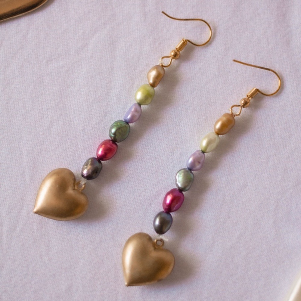 Handmade Rainbow Pearl Gold Heart Earrings